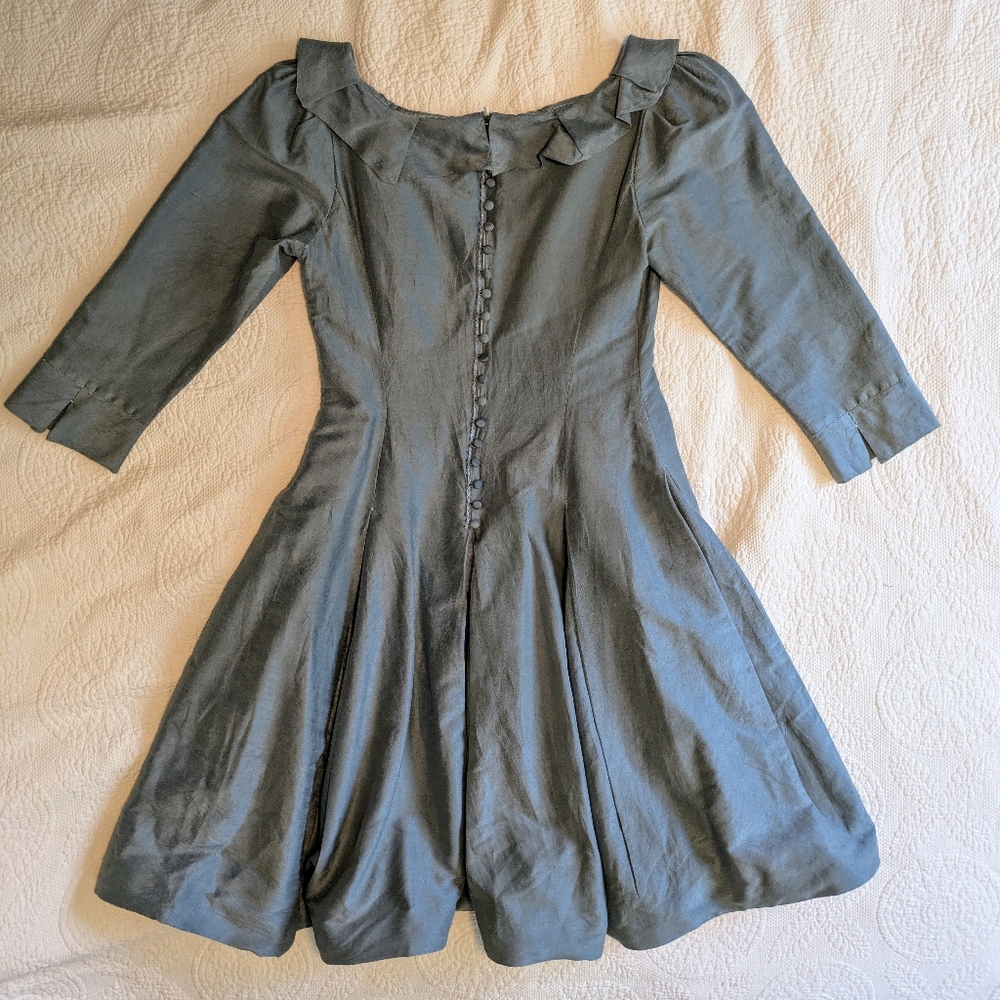 Handmade 100% Silk Retro Fit Flare 1950s Style Sage Green Dress